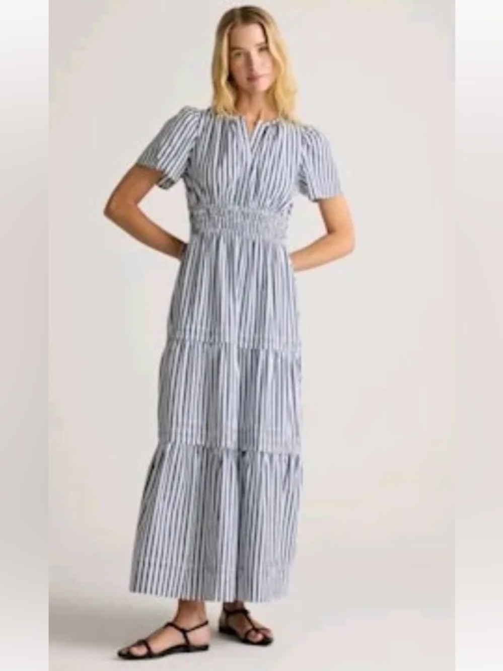 QUINCE 100% Organic Cotton Poplin Tiered Maxi Dress In Hudson Stripe Pockets - Picture 2 of 16